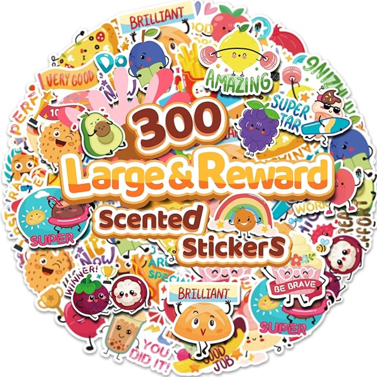 300pc Large Scratch and Sniff Scented Stickers for Kids – 2.5" Bulk Smelly Reward Stickers for Teachers Classroom Supplies – Funny Fruit & Food Scented Motivational Stickers for Students, Grading, & Kids Gifts